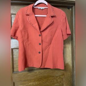 Dress barn linen burnt Orange with beaded‎ collar button up shirt